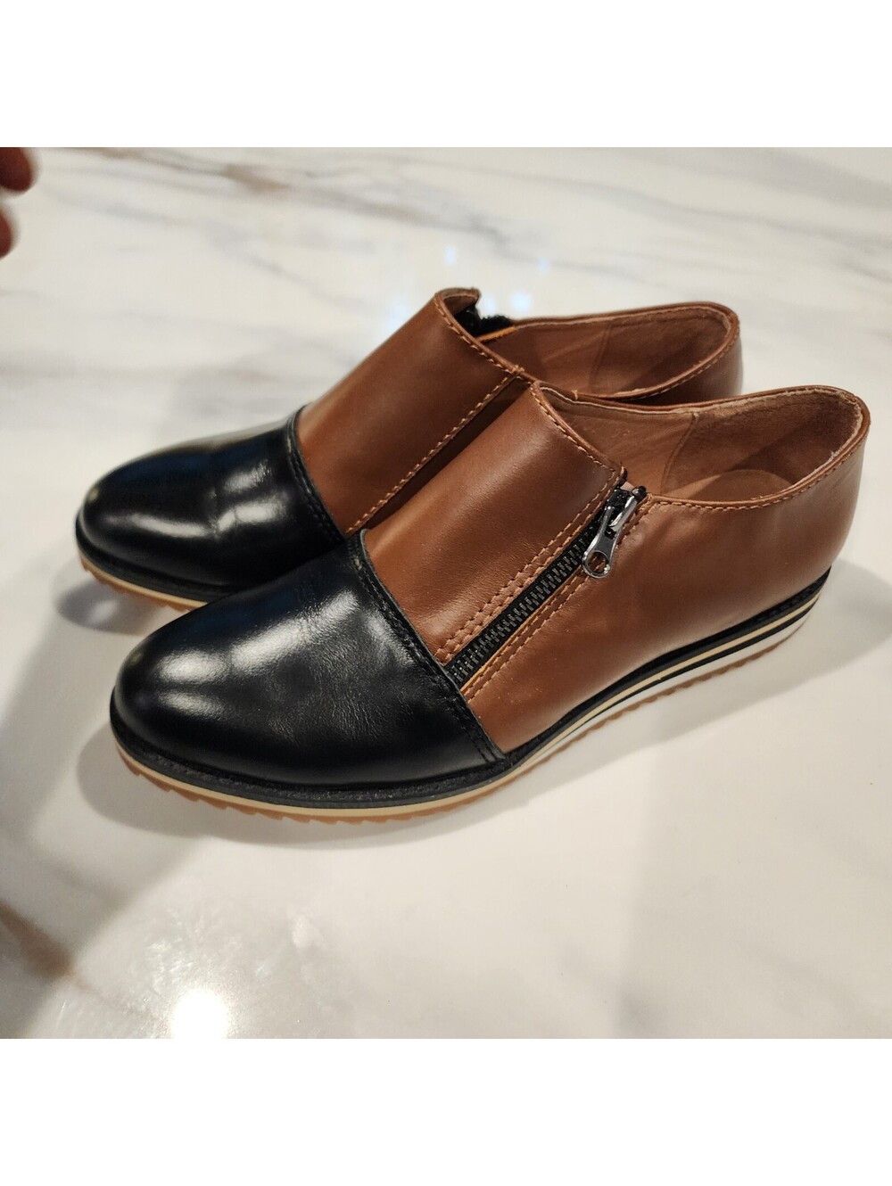 ALL BLACK Women’s Two-Tone Leather Zip Oxford Shoes Brown Black EU 35 NWOB